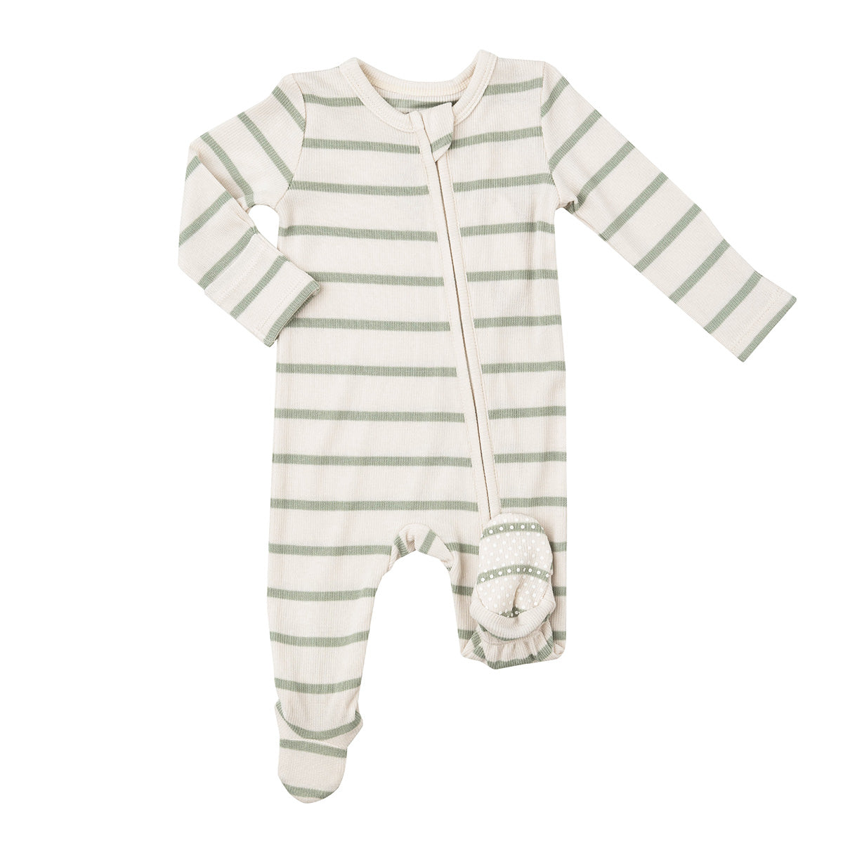 Angel Dear Sage Green Striped Ribbed Zip Front Baby Footie