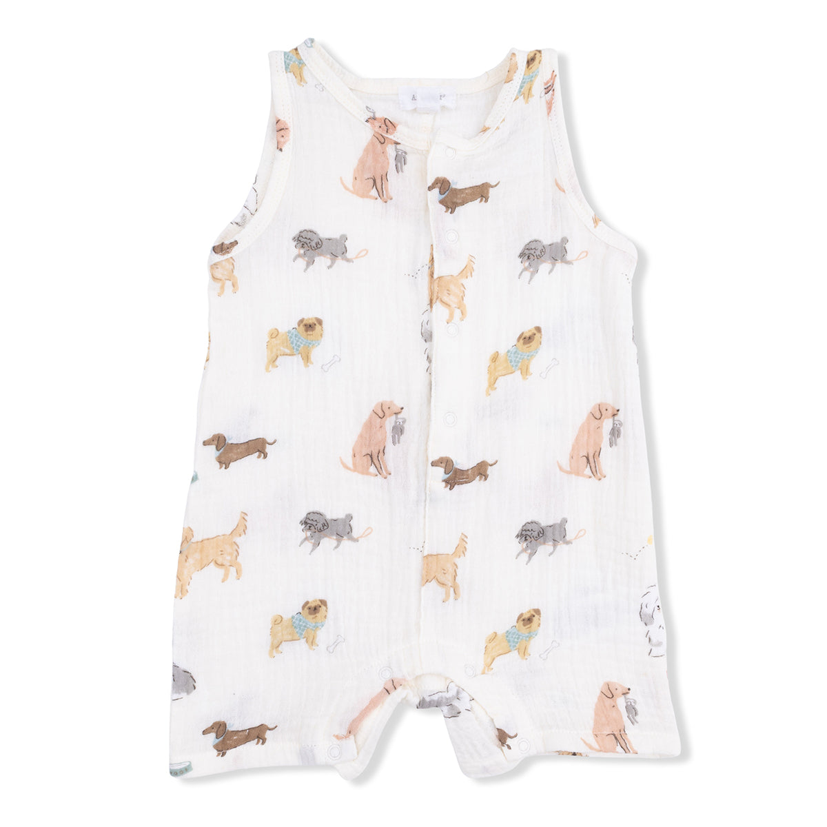 Sleeveless white muslin boy's summer romper with allover dog print