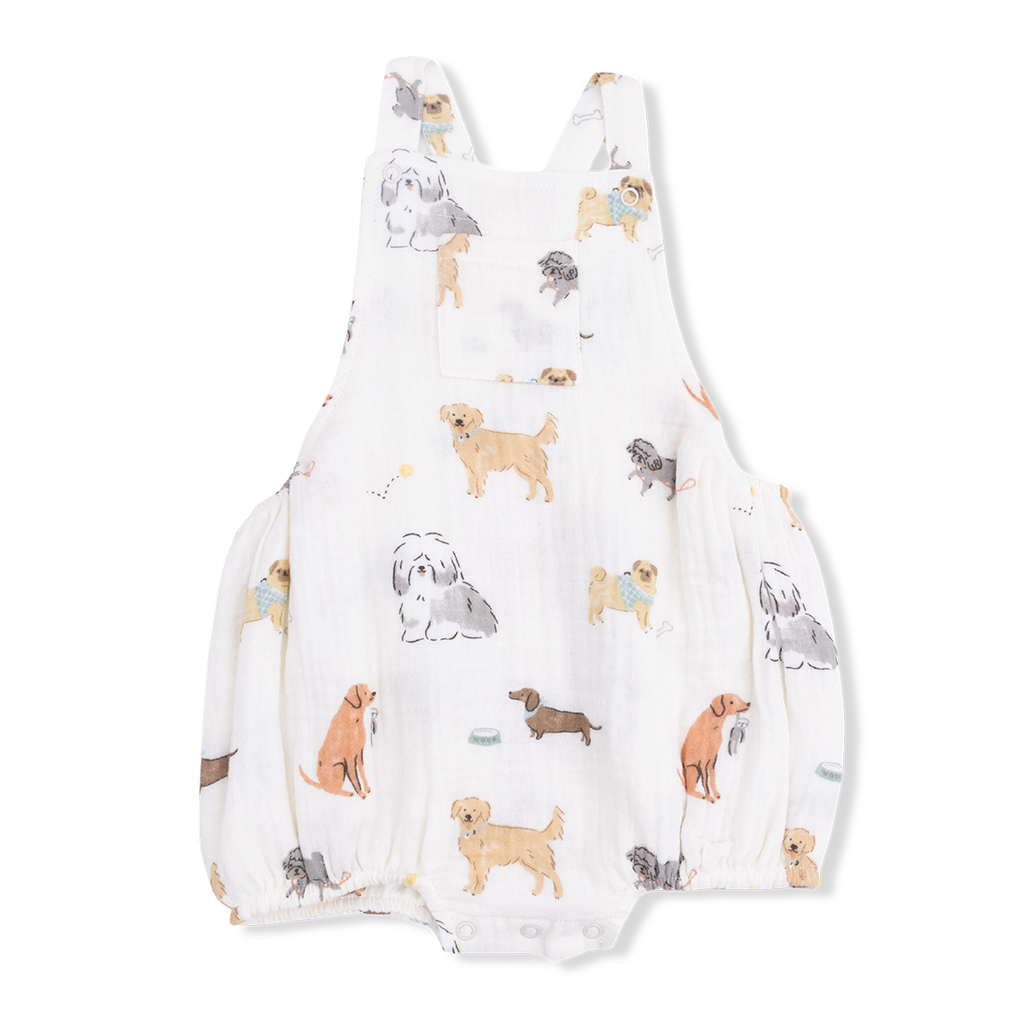Ivory muslin baby boy sunsuit with allover dog print