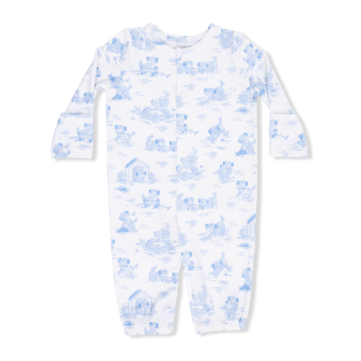 Blue puppy toile print bamboo converter gown snapped as playsuit