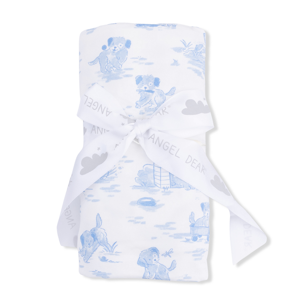 Blue puppy toile bamboo baby swaddle blanket tied with a white ribbon wit an Angel Dear logo