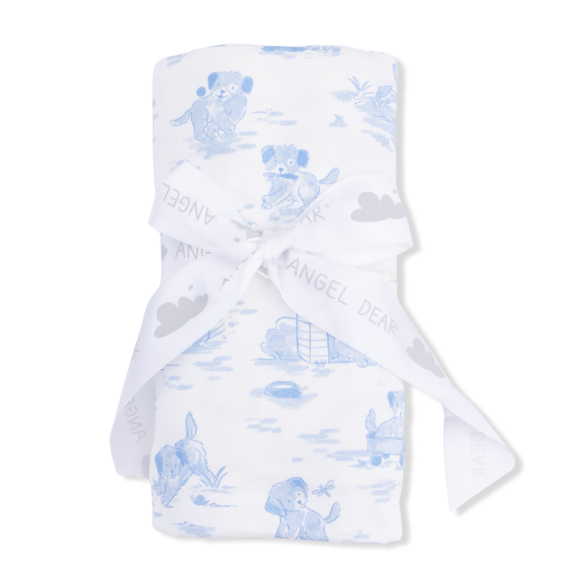 Blue puppy toile bamboo baby swaddle blanket tied with a white ribbon wit an Angel Dear logo