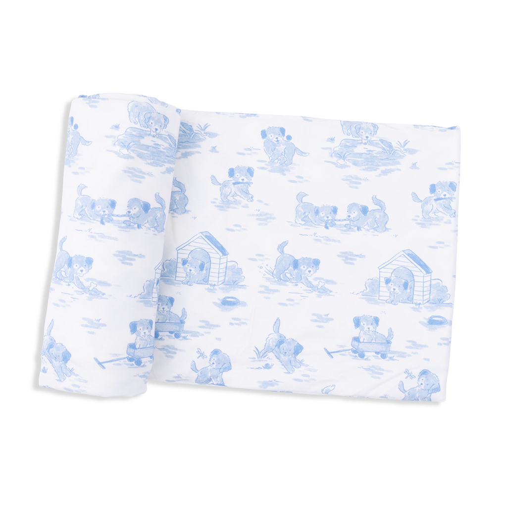 Blue puppy toile bamboo baby swaddle blanket