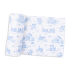 Blue puppy toile bamboo baby swaddle blanket