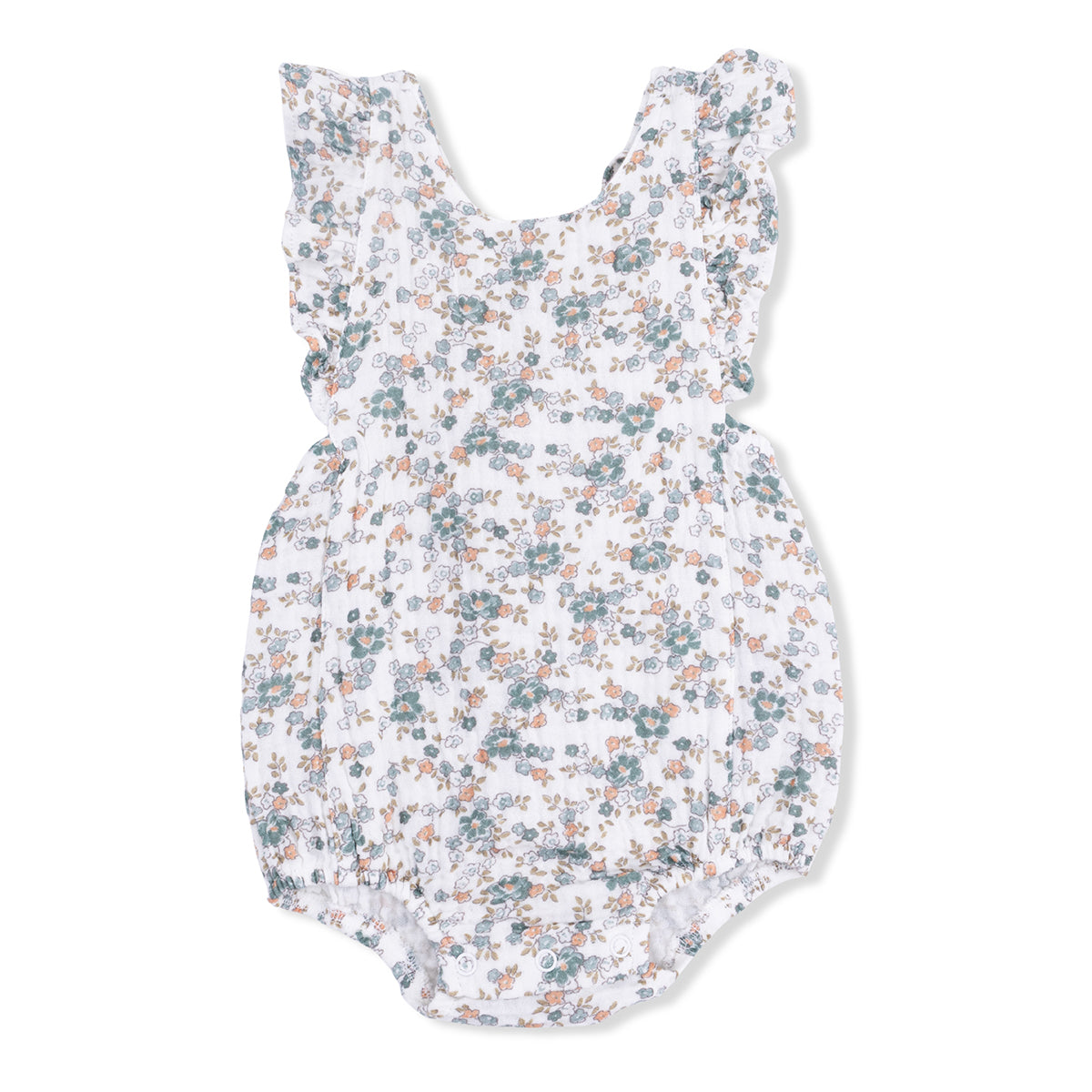 Neutral floral muslin baby girl sunsuit with ruffle straps
