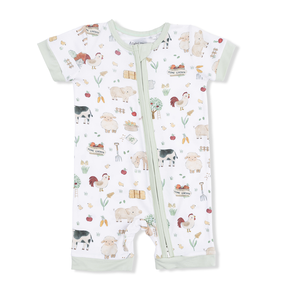 Farm animal print bamboo short sleeve zip baby romper
