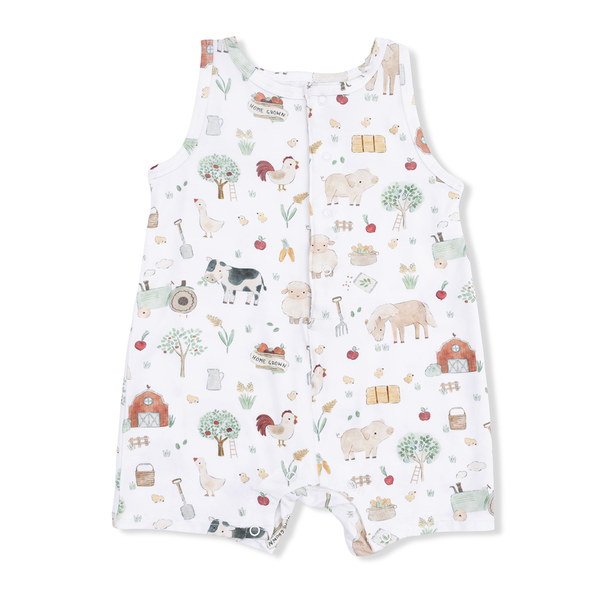 Farm animal print bamboo sleeveless baby boy short romper