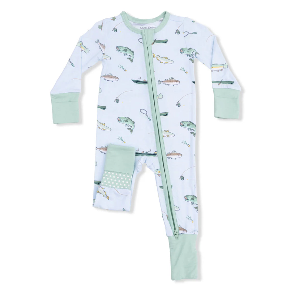 Baby boy zip front romper with foldover feet and hand cuffs with a fishing pattern on a light blue background.
