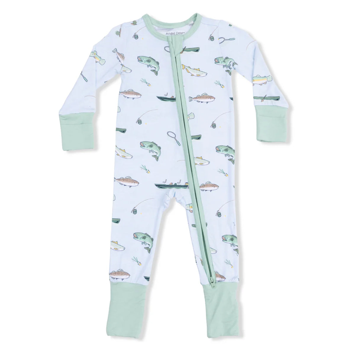 Baby boy zip front romper with foldover feet and hand cuffs with a fishing pattern on a light blue background.