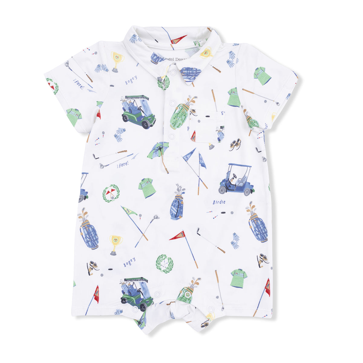 White bamboo golf print polo short romper with collar