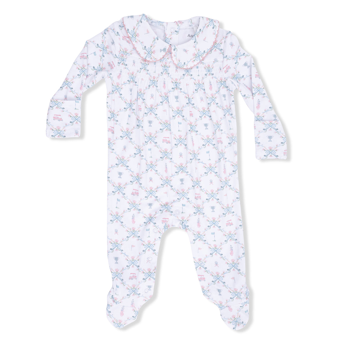Pink golf trellis print baby girl footed playsuit with smocked yoke and collar