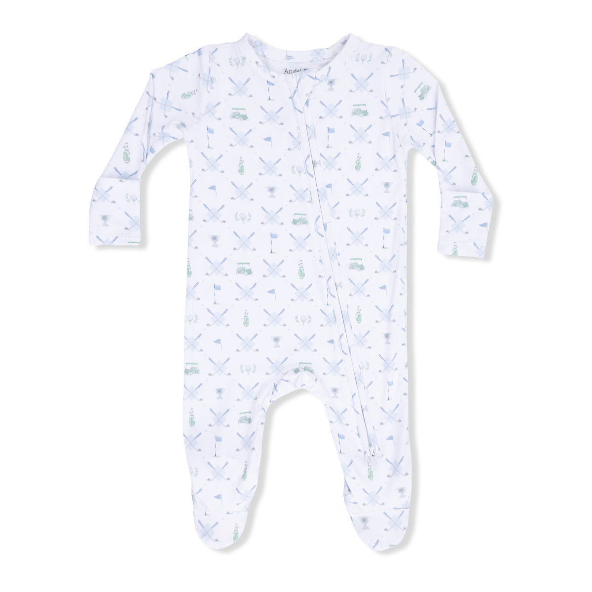 Baby boy zipper footie sleeper with blue golf trellis print