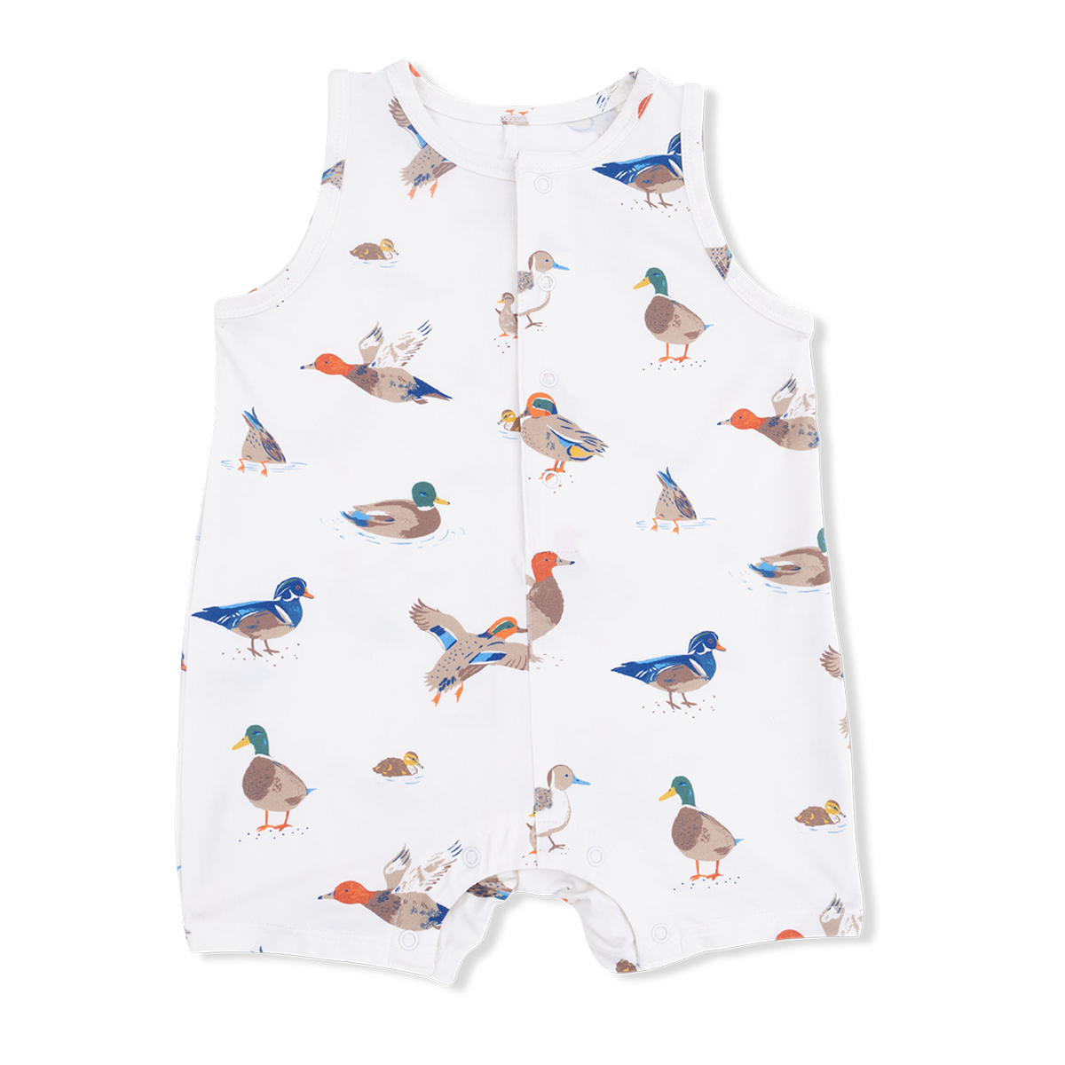 Boy's snap front sleeveless bamboo short romper with a duck pattern on a cream background.