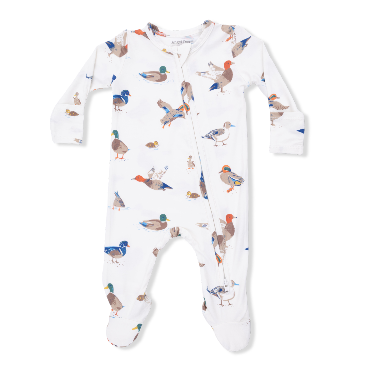 Baby boy zip front footie sleeper with a duck pattern on a cream background.