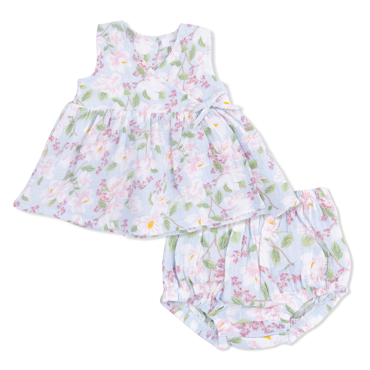 Blue muslin kimono dress set with pink magnolia print