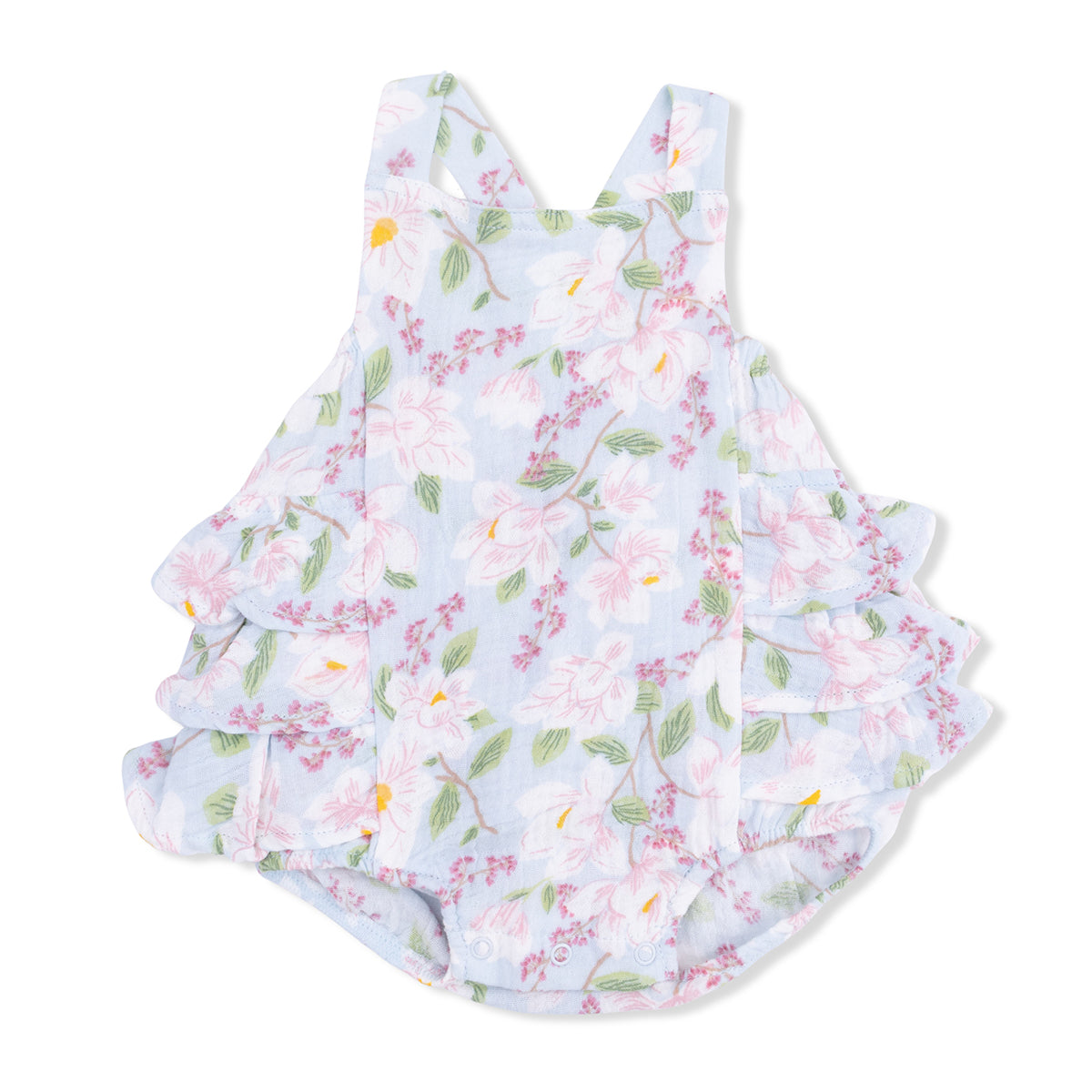Magnolia print muslin baby girl sunsuit with ruffle back