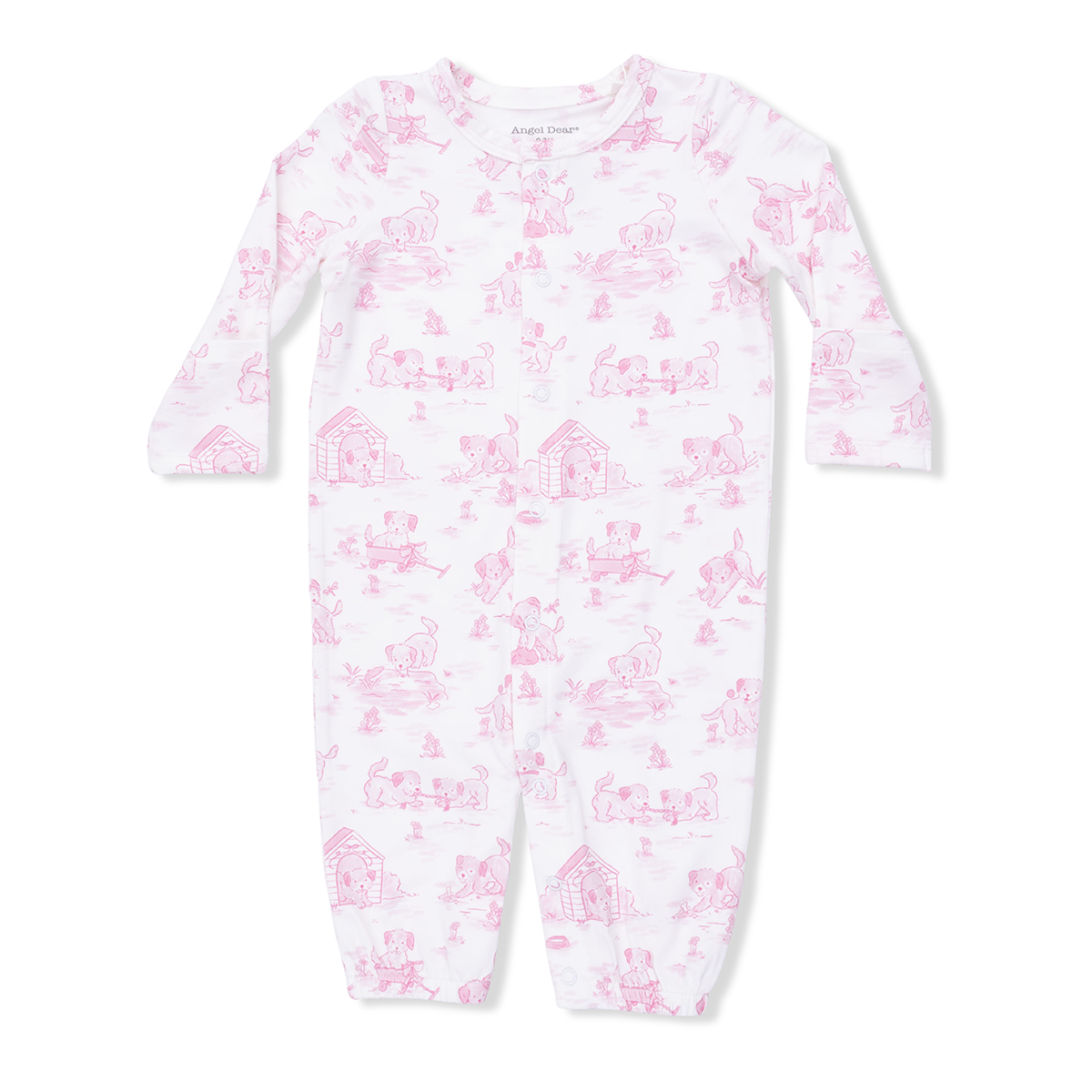 Pink puppy toile print bamboo baby converter gown snapped as playsuit