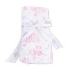 Pink puppy toile bamboo baby swaddle blanket tied with a white ribbon wit an Angel Dear logo