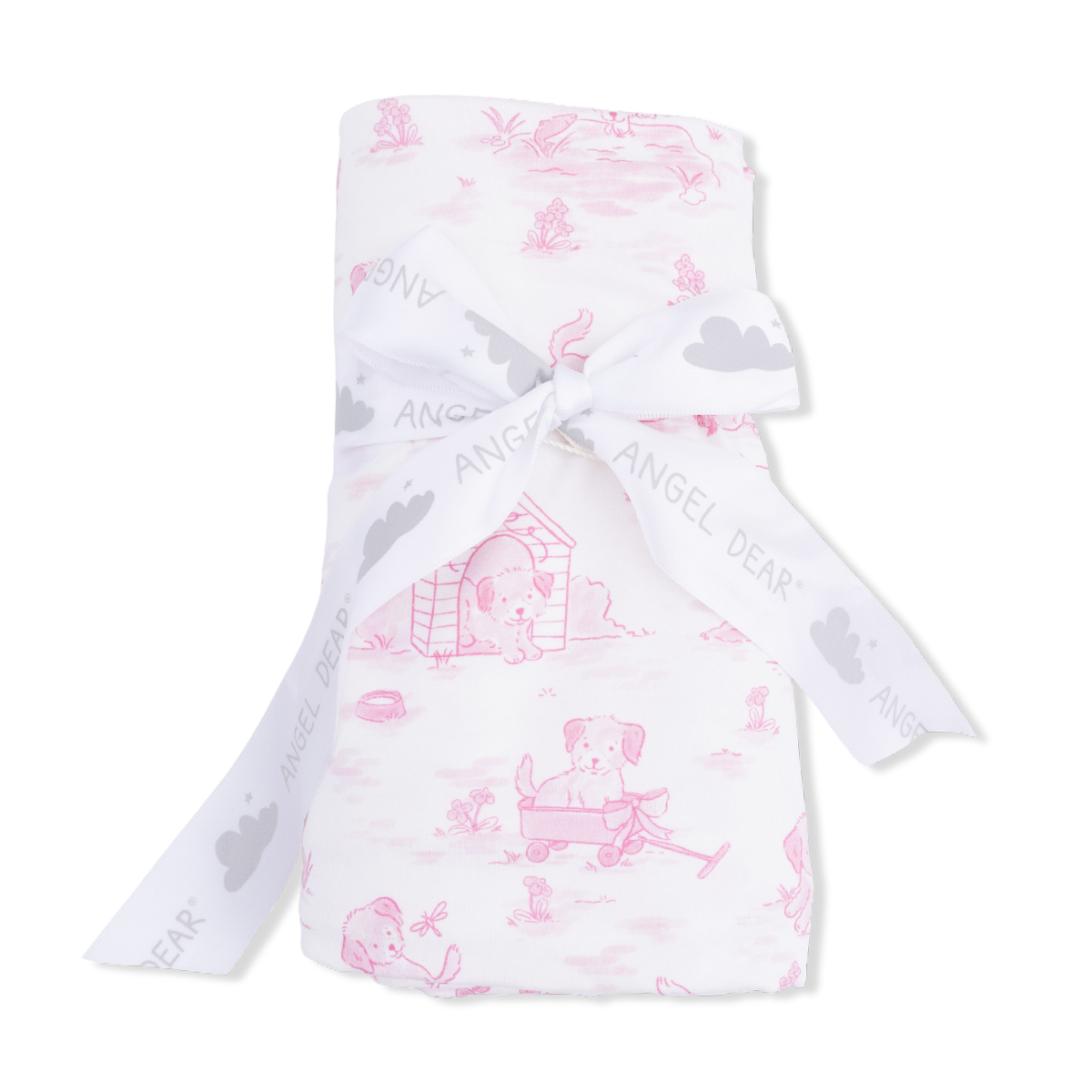 Pink puppy toile bamboo baby swaddle blanket tied with a white ribbon wit an Angel Dear logo