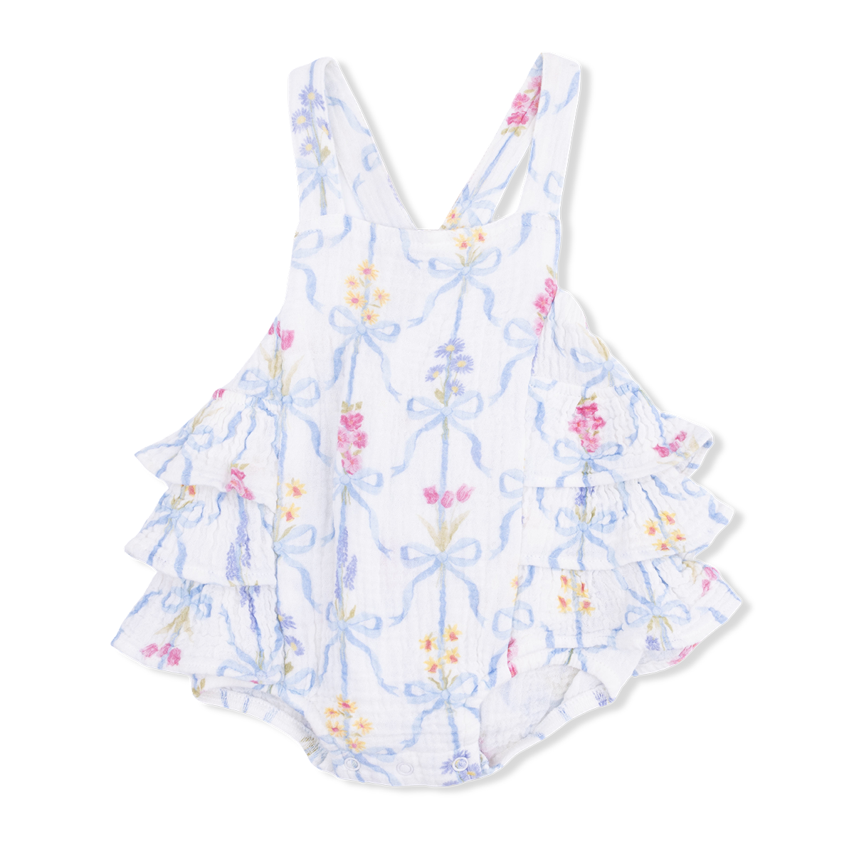 Floral muslin babygirl sunsuit with blue ribbon floral print and ruffle back