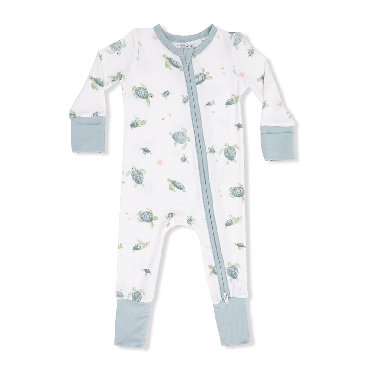 Sea turtle print bamboo zip baby romper with fold-over cuffs and sage green trim.