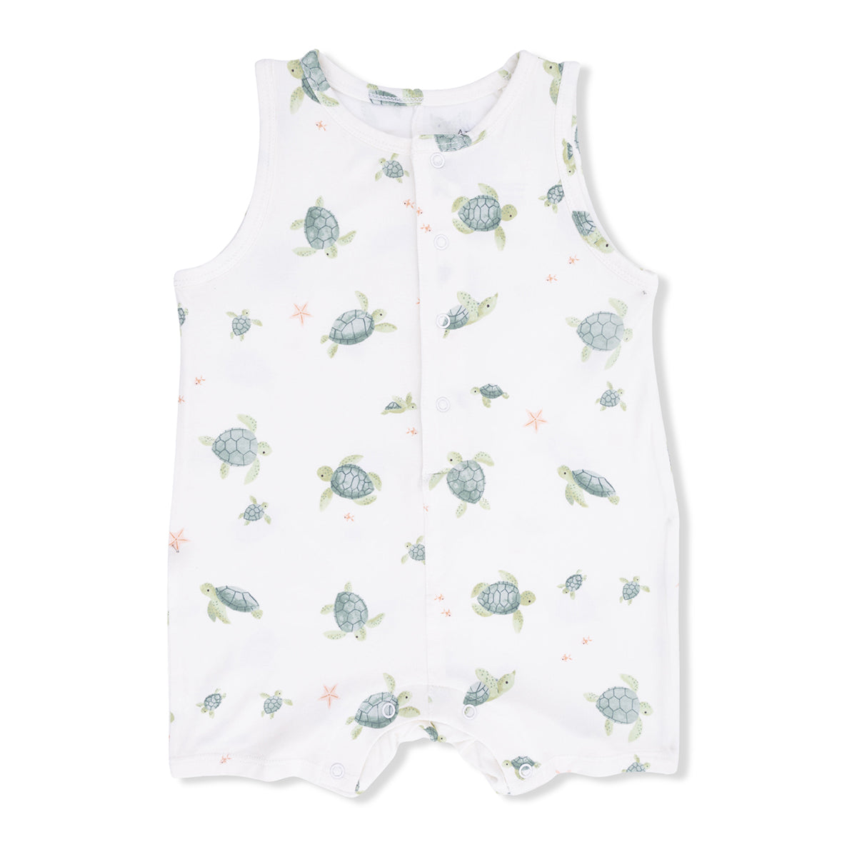 Sea turtle print bamboo sleeveless baby boy romper in soft greens