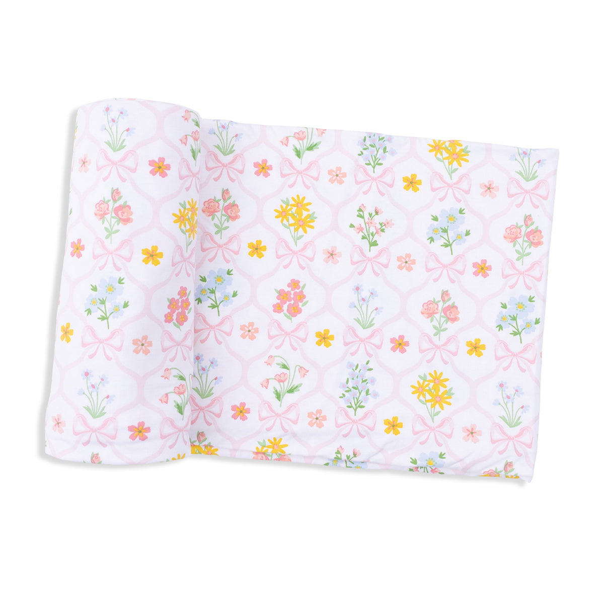 Pink floral bow print bamboo baby swaddle blanket