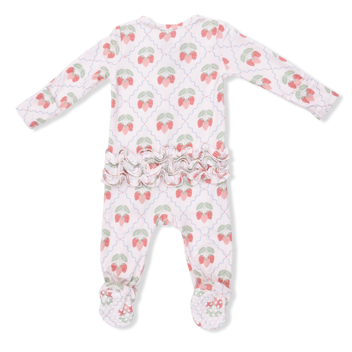 Strawberry print bamboo footed pink sleeper with ruffles on the back
