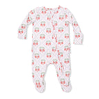 Strawberry print bamboo footed pink sleeper with a zip front and ruffles on the back
