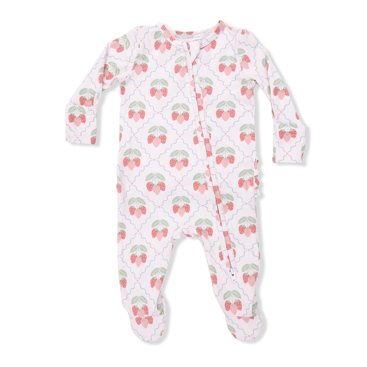 Strawberry print bamboo footed pink sleeper with a zip front and ruffles on the back
