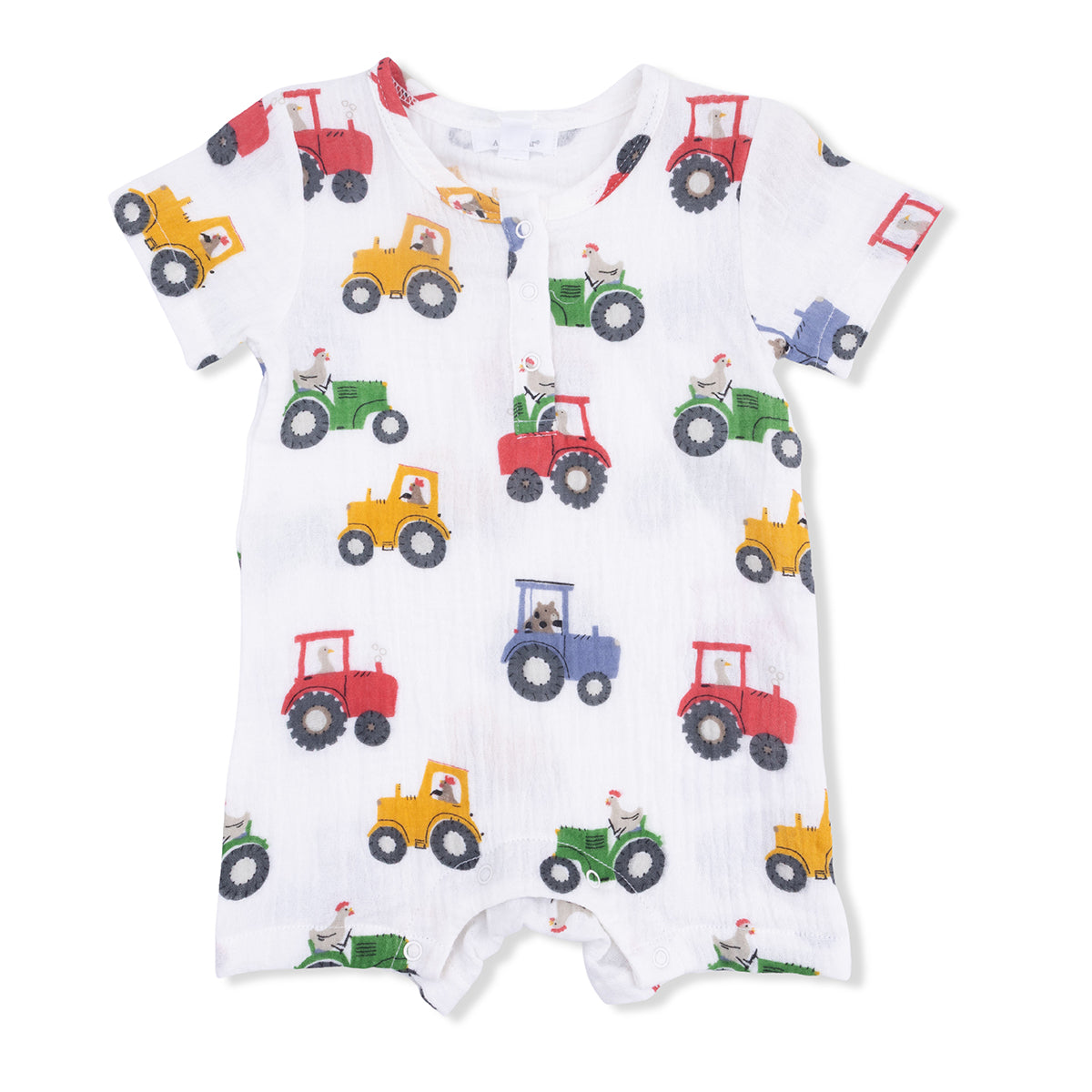 White muslin baby romper with colorful tractor print