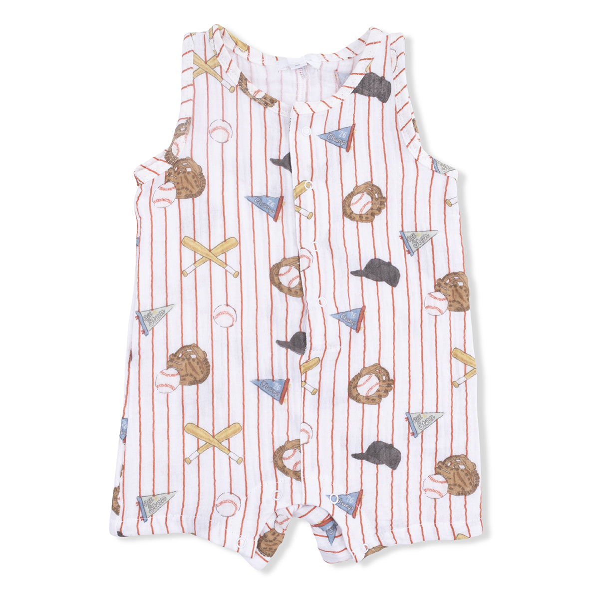 Sleeveless muslin boy's romper with red stripes and baseball print