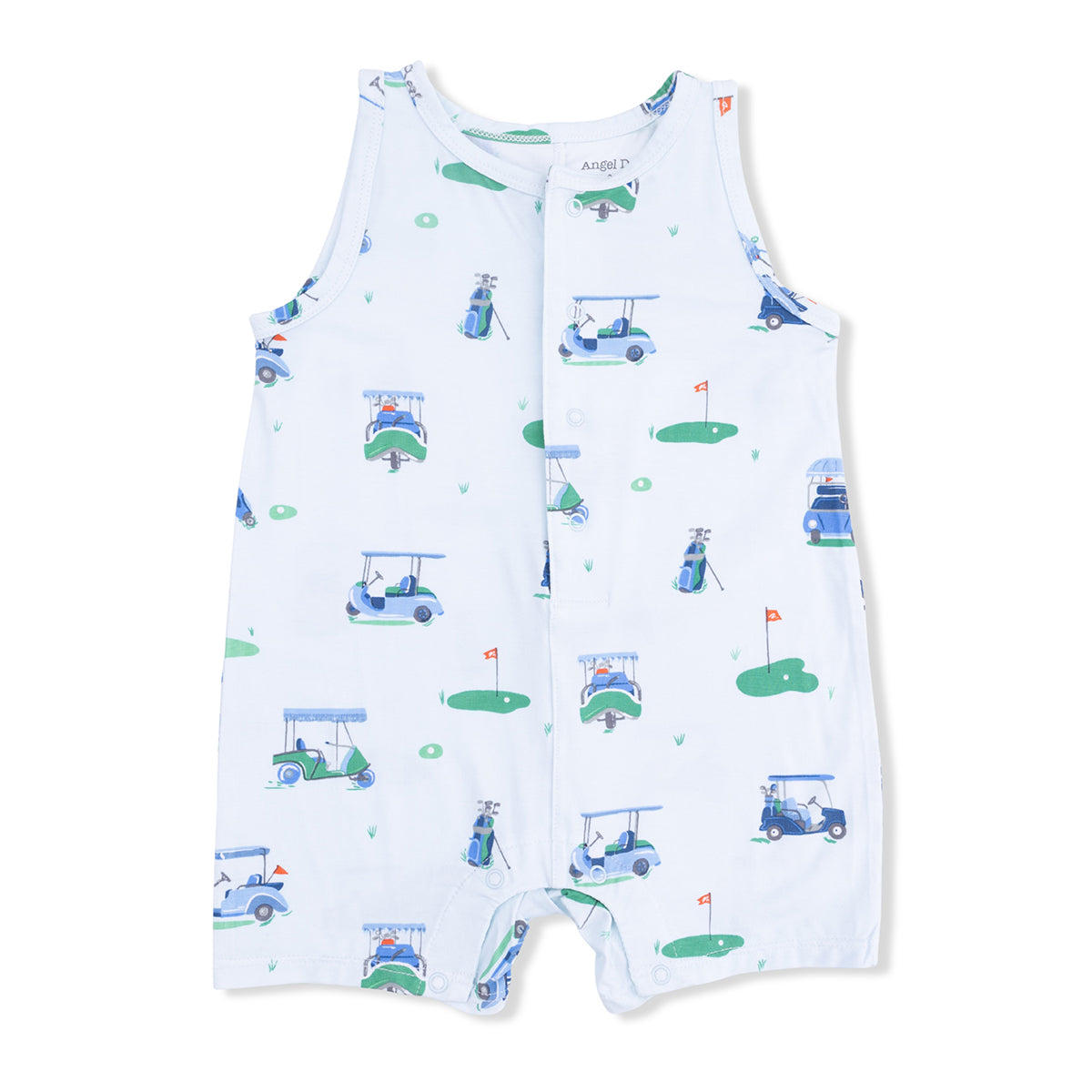 Light blue golf cart print bamboo baby boy's sleeveless romper