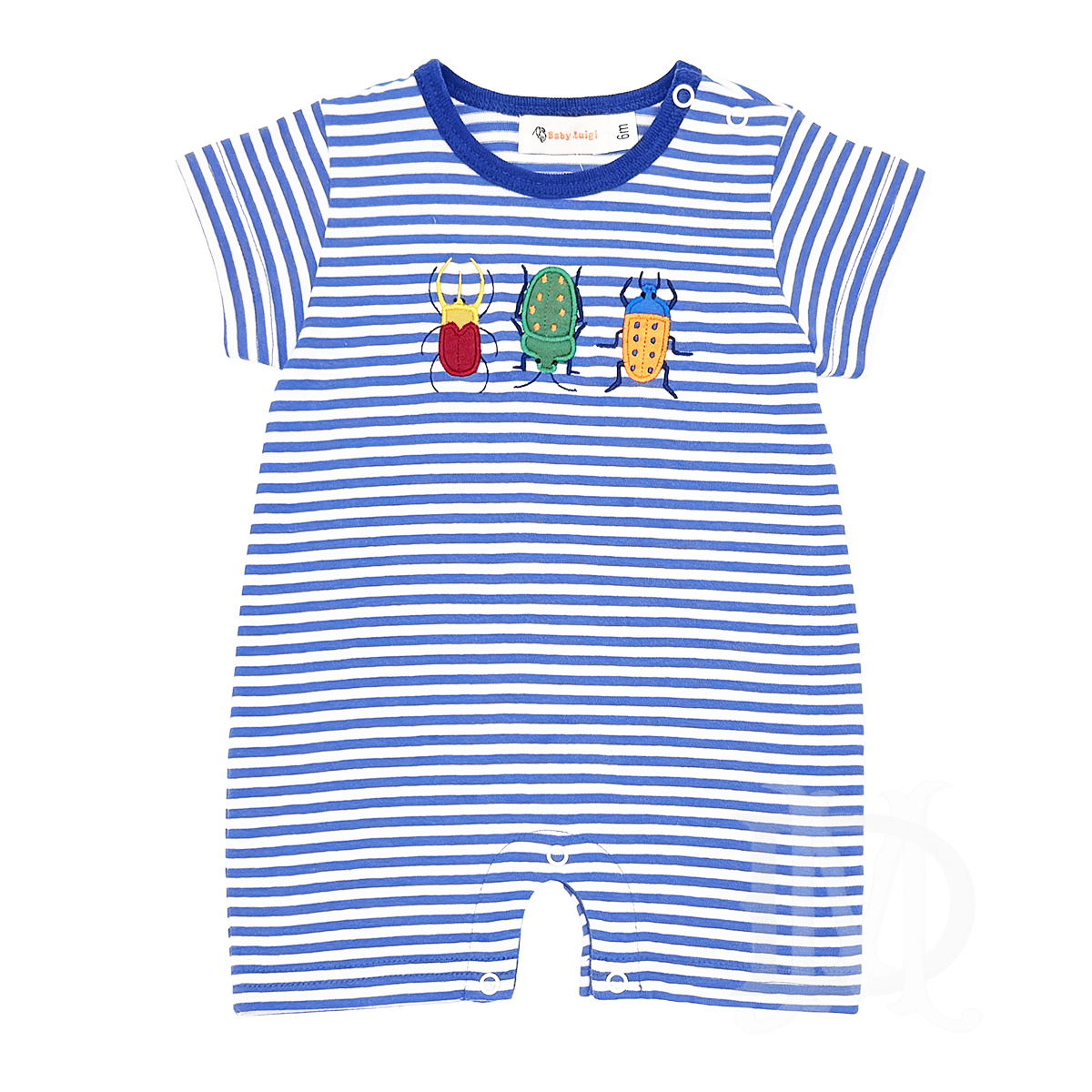 Blue and white striped baby boy romper with colorful beetle applique designs.
