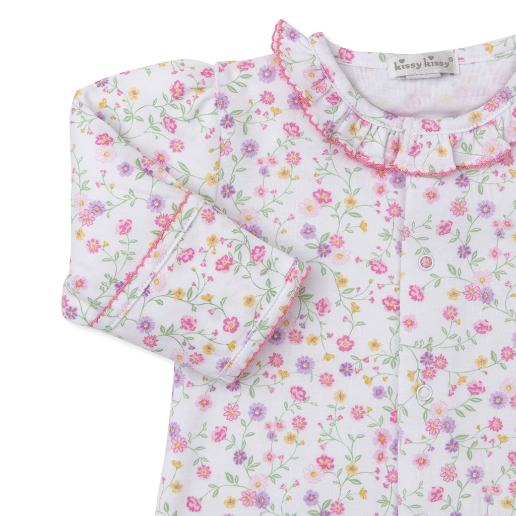 Floral-patterned baby gown with ruffled collar