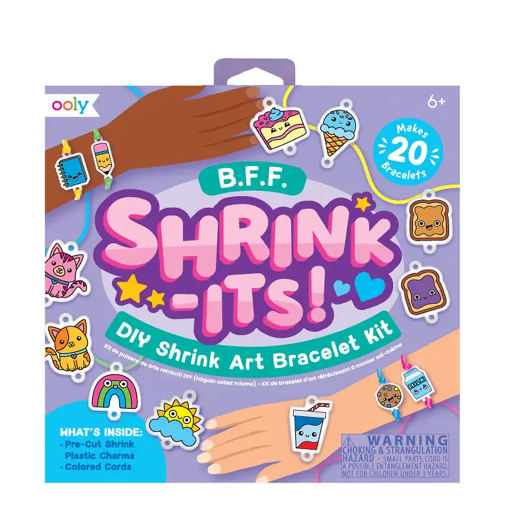 Shrink-Its DIY Shrink Art Bracelet Kit packaging with colorful text and illustrations on a purple background.