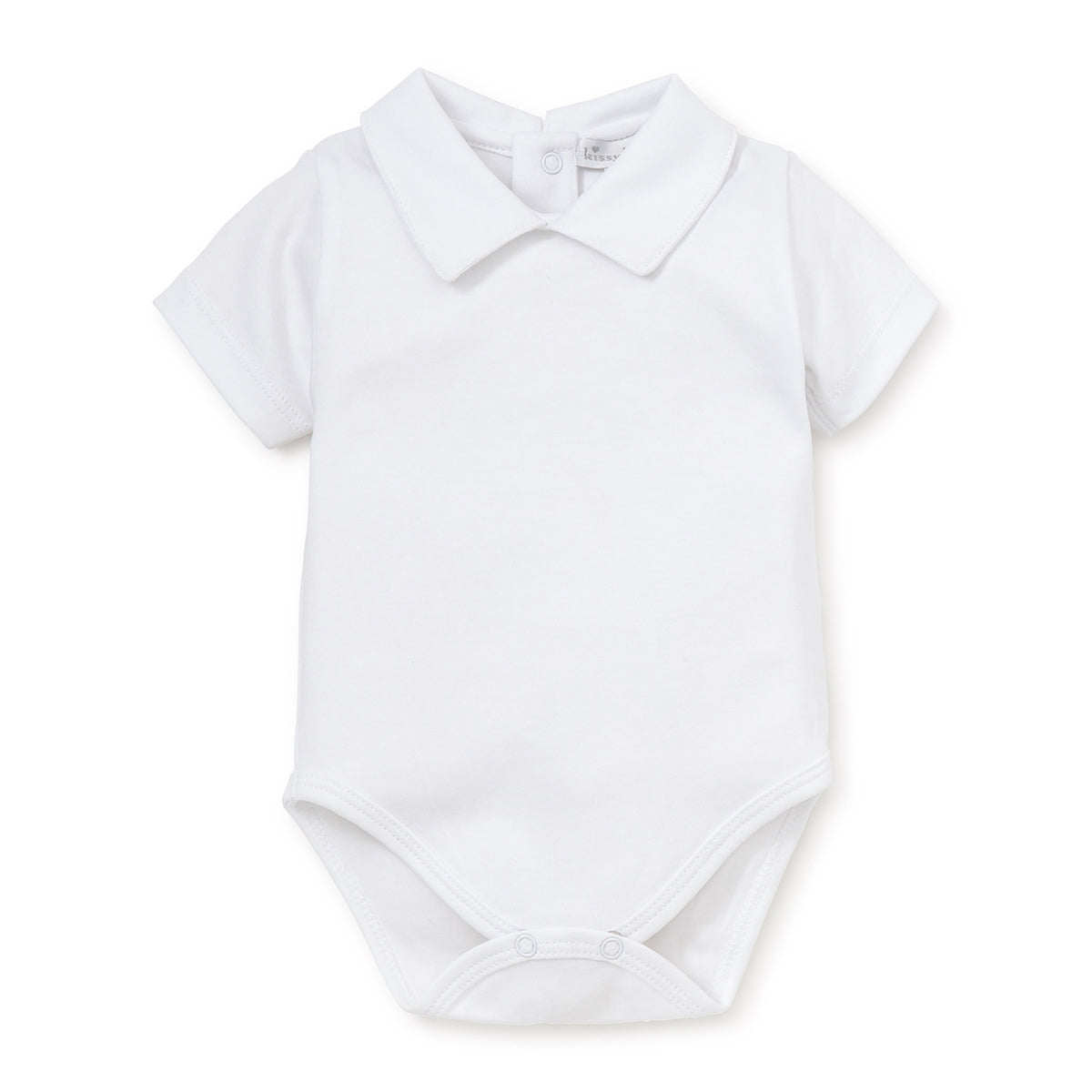 Boy's white baby bodysuit with collar, short sleeves, snaps, and Kissy Kissy label.