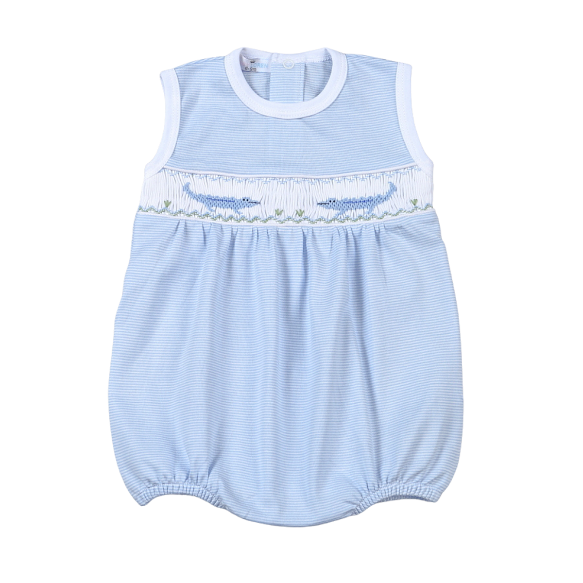 Baby boy light blue stripe smocked alligator pima bubble one-piece summer outfit.