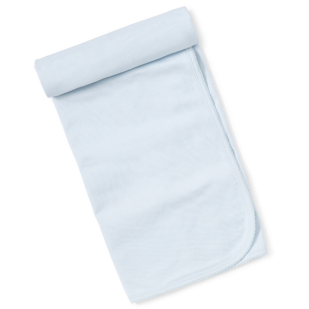 Light blue baby blanket with light blue trim