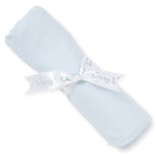 Light blue baby blanket with light blue trim and Kissy Kissy branding