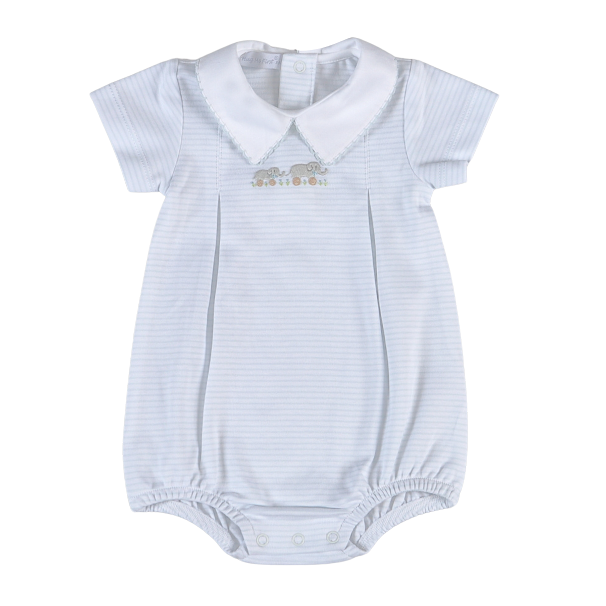 Baby boy short sleeve romper with a white point collar and embroidered elephants on the chest.