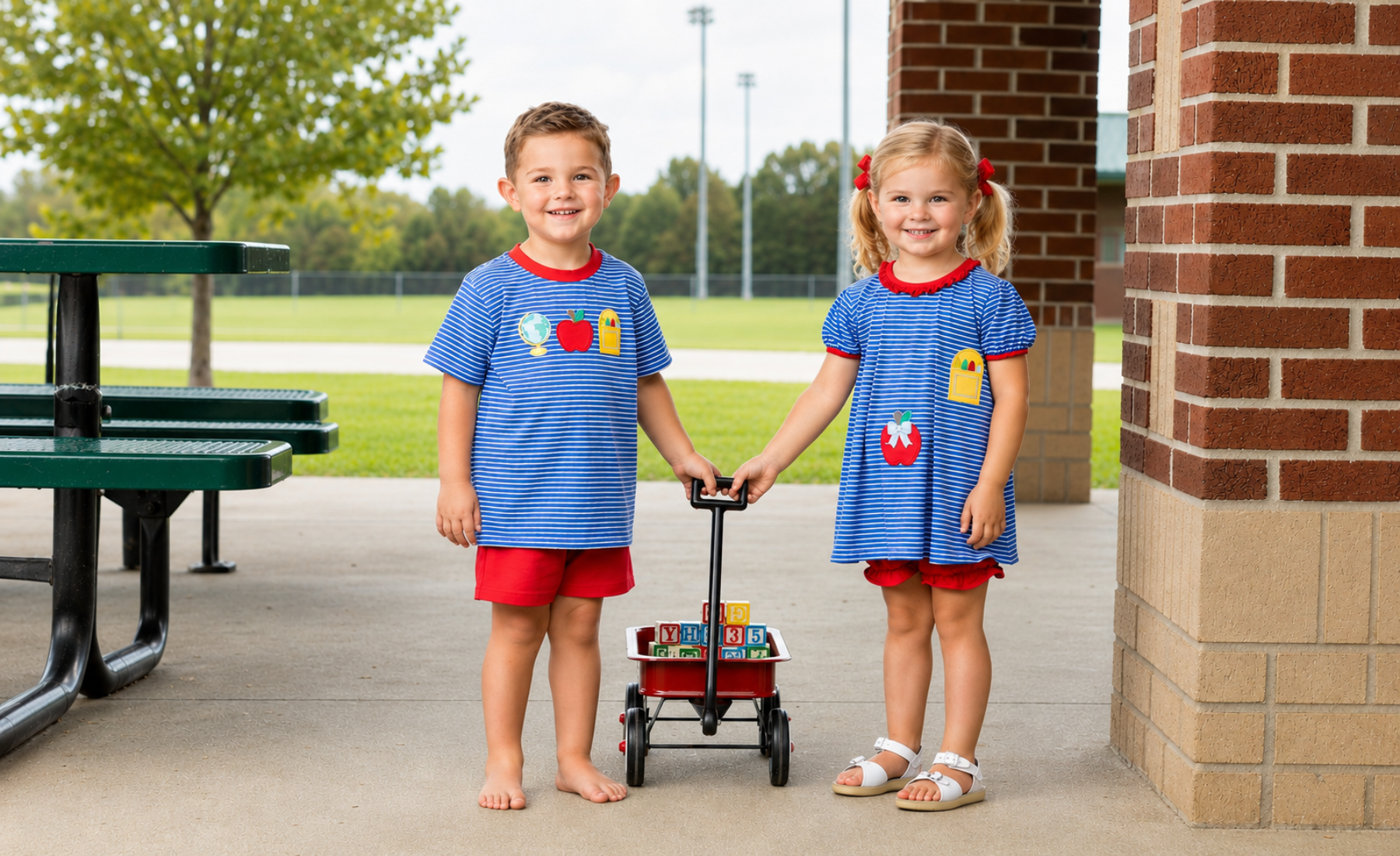 Two children standing outside a school wearing sibling matching back to school outfits.