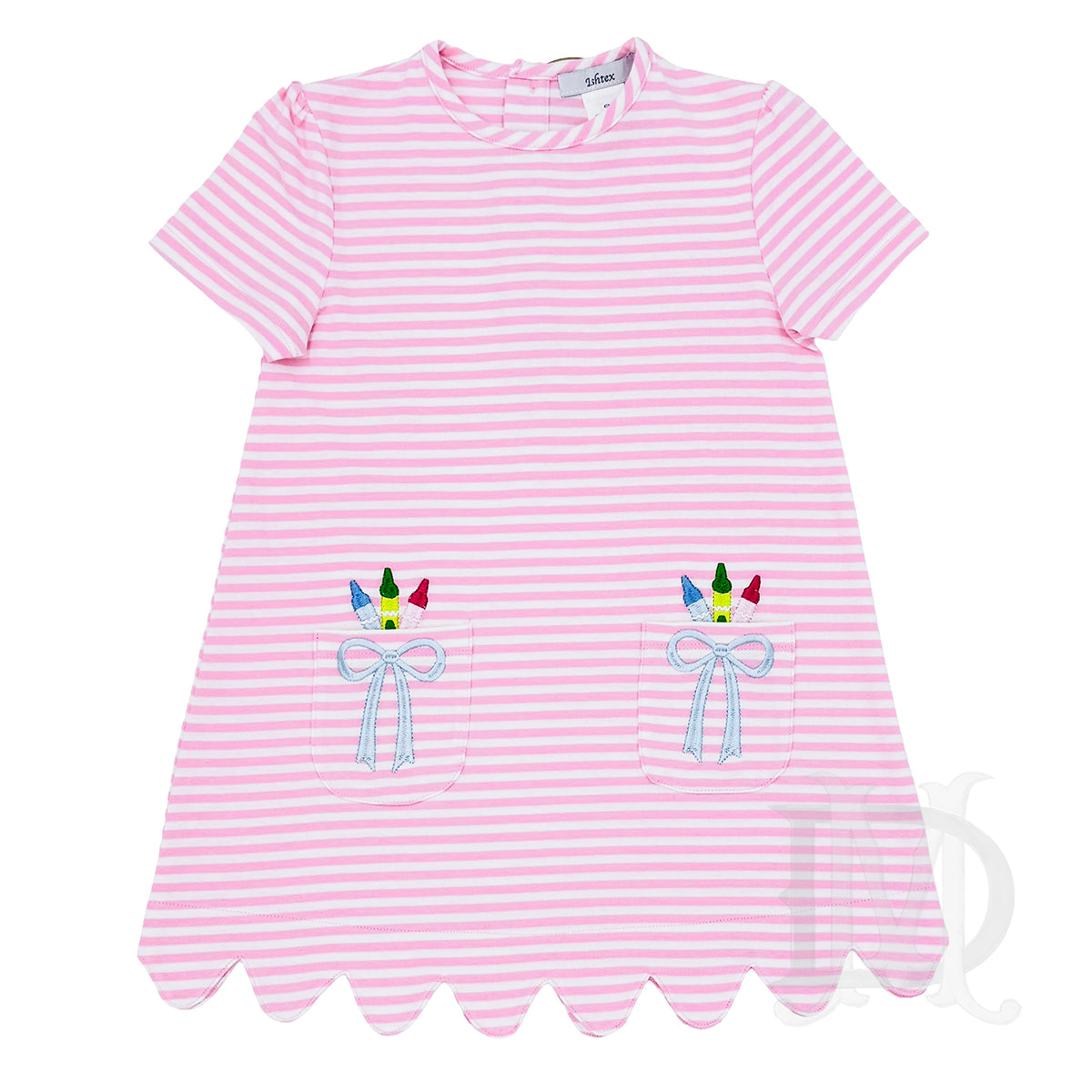 Pink and white striped little girls back to school dress with embroidered crayons, blue bows, and short sleeves.
