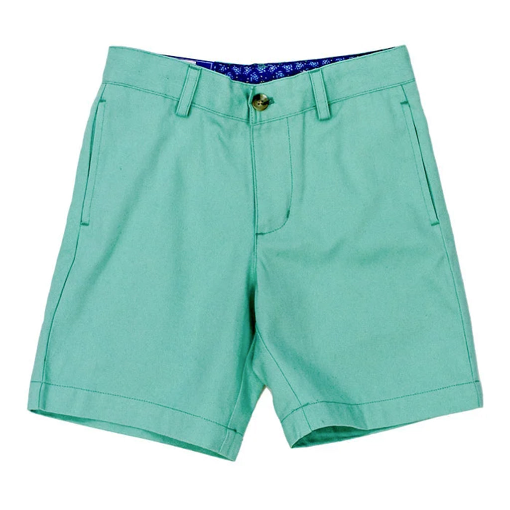 Spring green boy's cotton twill chino shorts with Bailey Boys pattern on the interior waistband