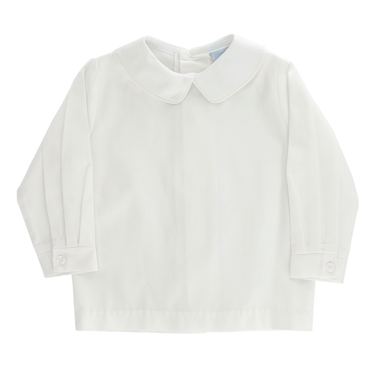An off-white cream long-sleeve boy’s dress shirt with a Peter Pan collar.