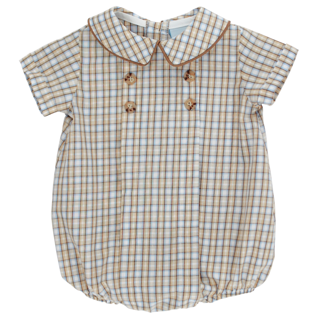 A short-sleeve baby boy bubble romper with a beige, blue, brown, and white plaid pattern, featuring a peter pan collar and decorative buttons on the front.