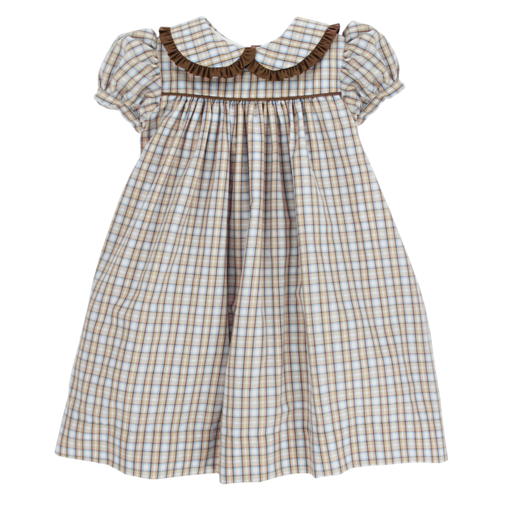 A toddler girl's dress with a beige, tan, blue and brown plaid pattern featuring a ruffled Peter Pan collar and short puff sleeves.