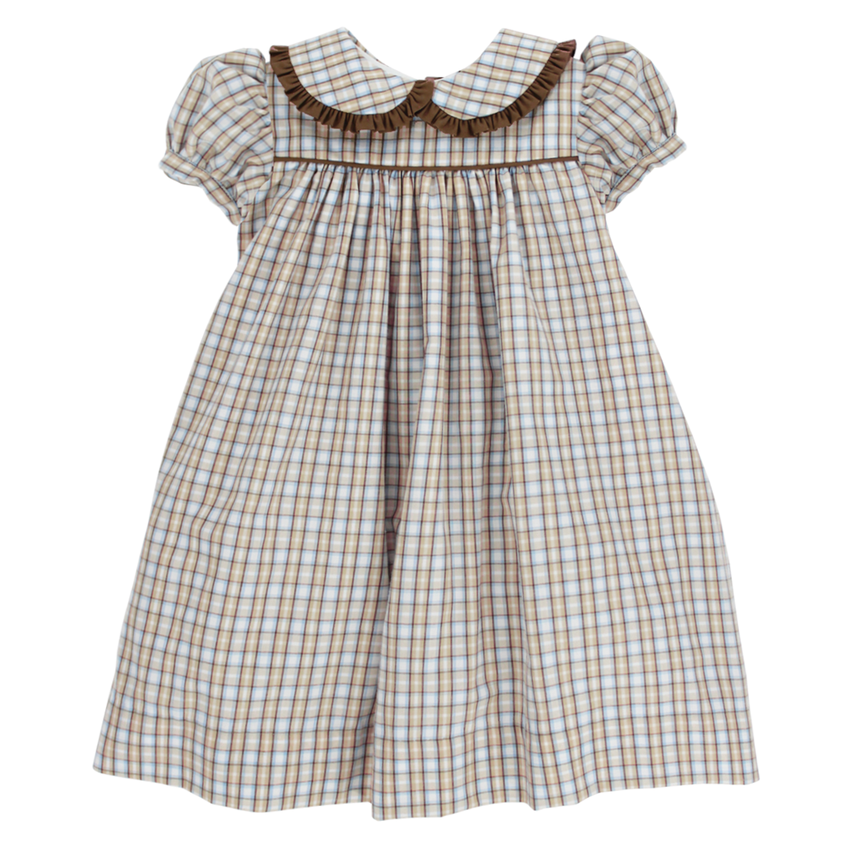 A toddler girl's dress with a beige, tan, blue and brown plaid pattern featuring a ruffled Peter Pan collar and short puff sleeves.