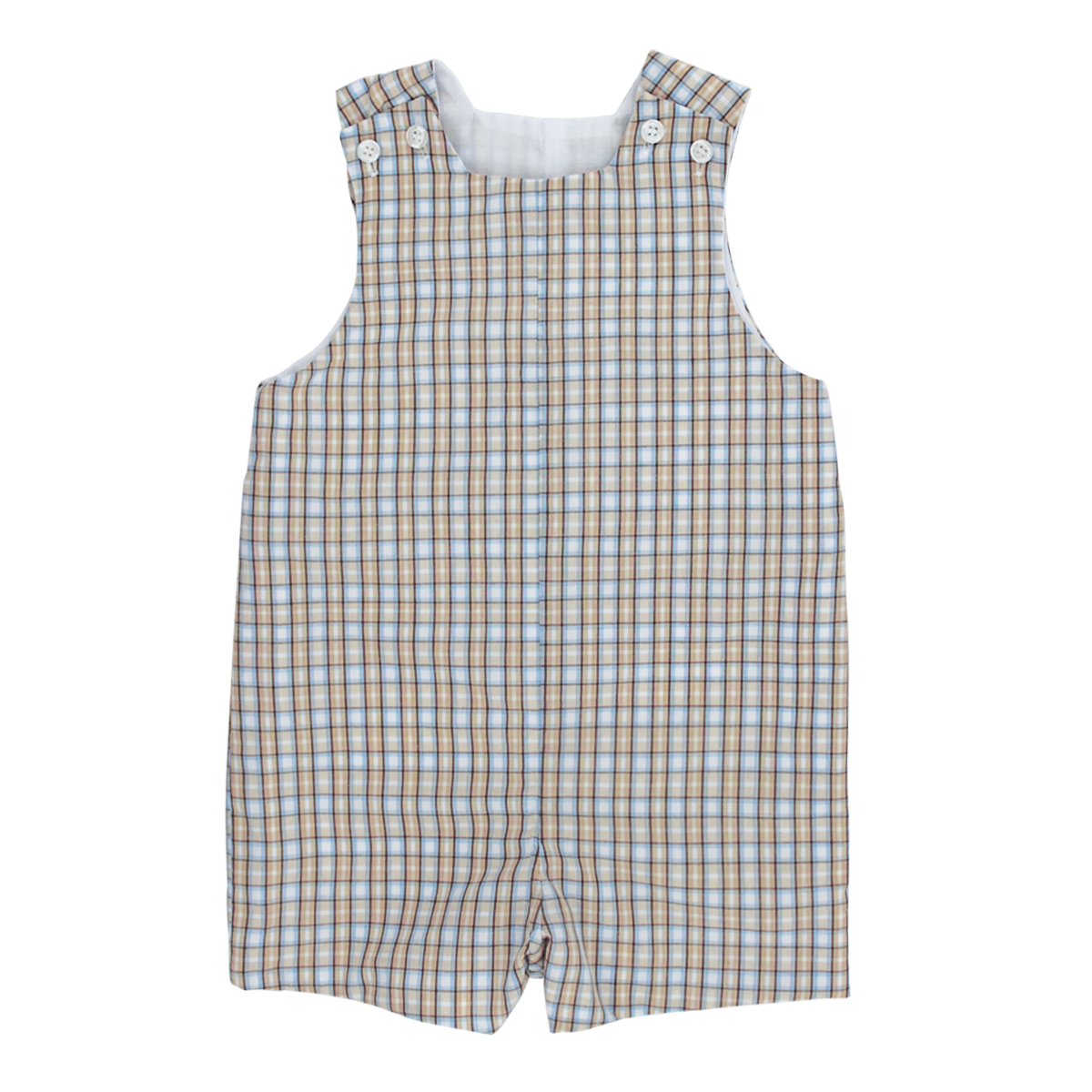 A boy’s shortall in a white, light blue, and tan plaid pattern featuring button closure at the shoulders.