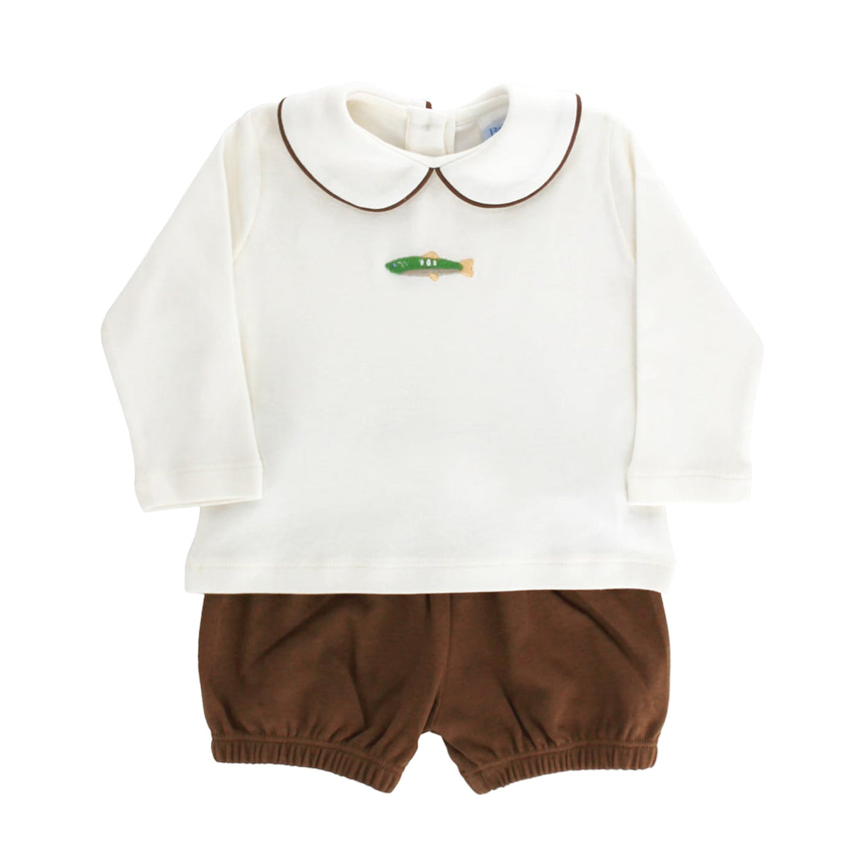 Baby boy outfit featuring a long-sleeve cream shirt with a Peter Pan collar and embroidered fish on the chest paired with brown corduroy bloomers.
